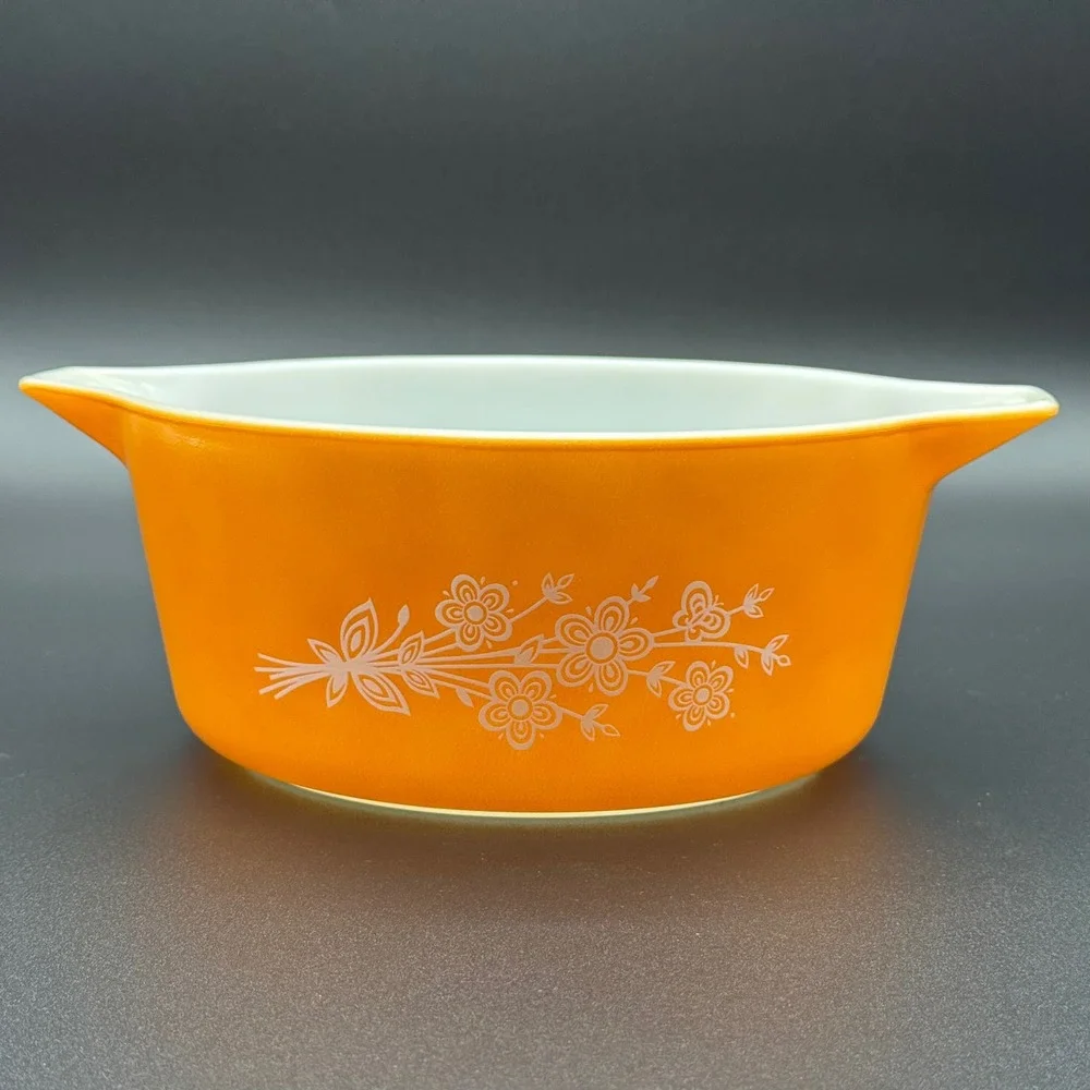 Pyrex Orange Butterfly Gold Casserole Dish 475-B 2.5 Quart Vintage
